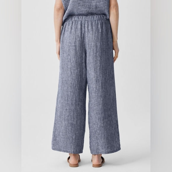 Eileen Fisher Puckered Organic Linen Wide Leg Pants Striped 100% Linen Size LP - Picture 2 of 10